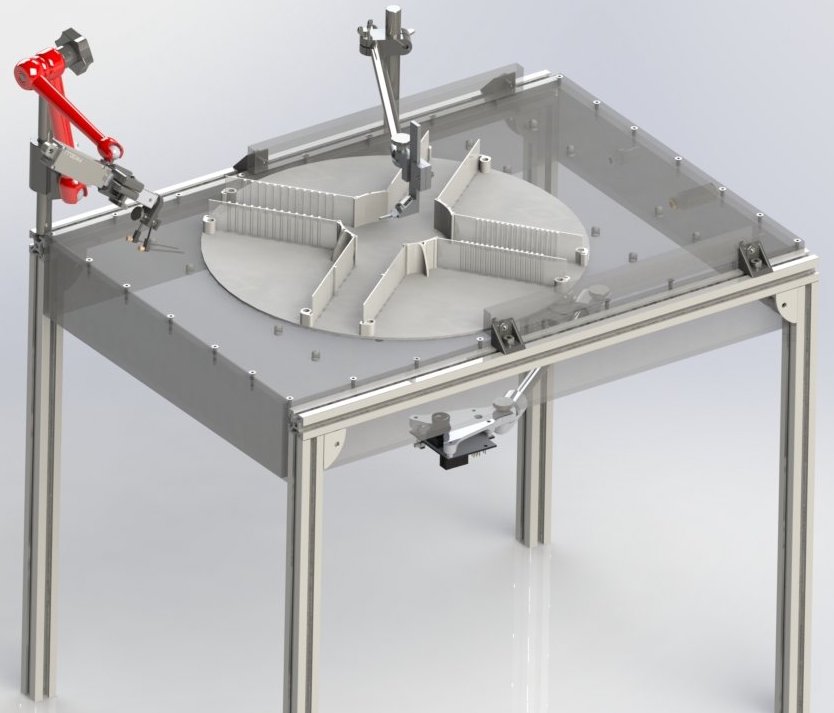 visualisation of an airtrack table with a platform with a 4 arms maze. In the center, an animal head fixation setup is visible, while a reward system is fixed in the front ot the maze and a camera is fixed below the table.